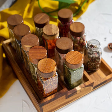 6pcs 120ml Wholesale Acacia Wood Cover Square Glass Jars Kitchen Seasoning Bottle Table Salt Flavor Herb & Spice Tools