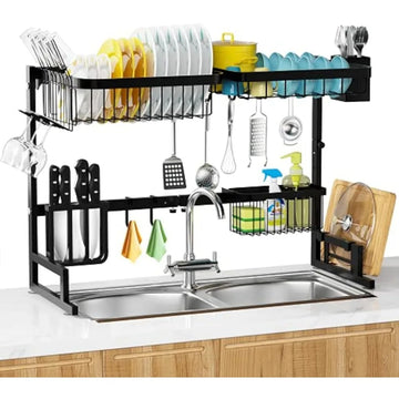 MERRYBOX Over The Sink Dish Drying Rack, 2-Tier Adjustable Length (25.6-33.5in), Stainless Steel Dish Drainer with Cutting Board