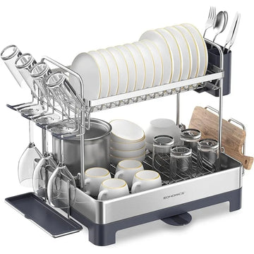SONGMICS Dish Drying Rack - 2 Tier Dish Rack for Kitchen Counter with Rotatable and Extendable Drain Spout, Dish Drainer with Ut