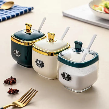 Spice Bottle Plastic Seasoning Jar with Spoon Salt Shaker Sugar Container Sauce Bowl Dispenser Spice Rack Kitchen Gadgets
