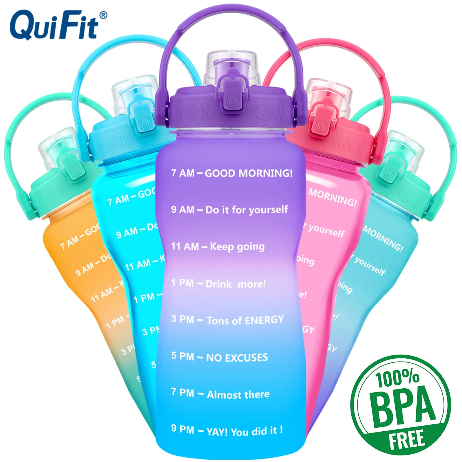 QuiFit 2L 64OZ Half Gallon Motivational Water Bottle With Time Marker Flip-Flop BPA Free Portable Sports Phone Stand GYM Jug
